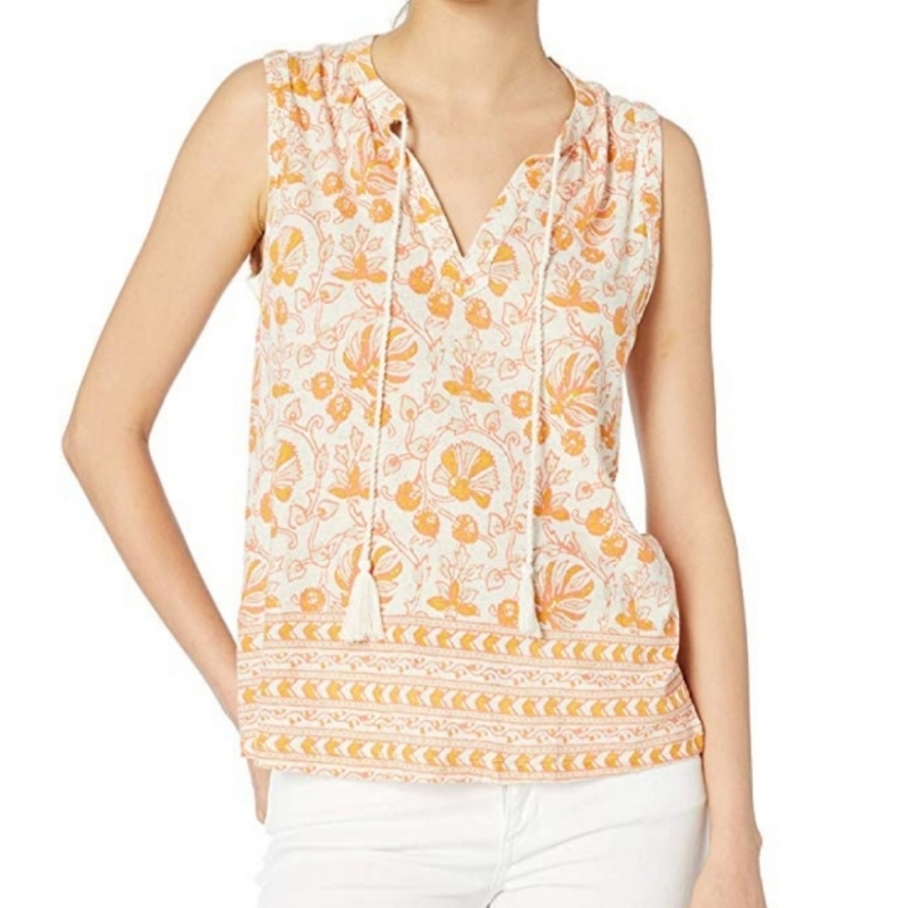 NWT Lucky Brand Woodblock Print Tassel Tie Tank